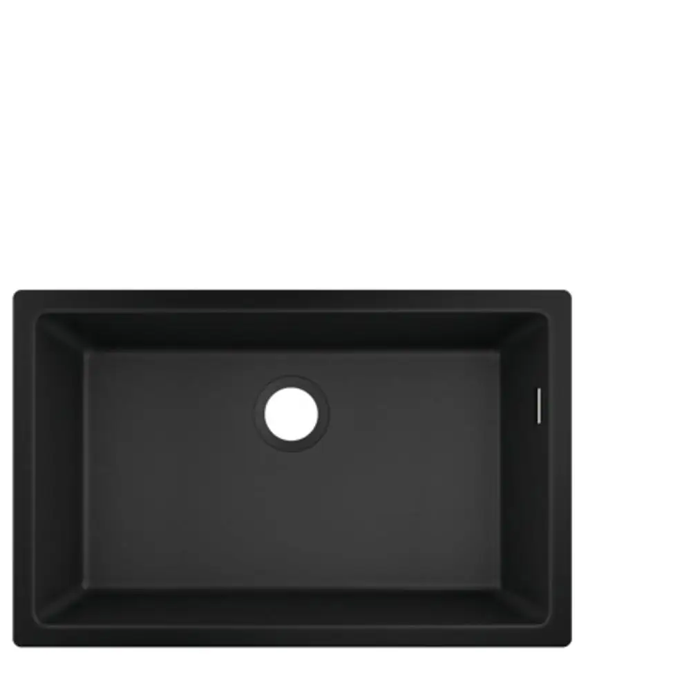 Schwarze Unterbauspüle von Hansgrohe mit quadratischem Design und mittigem Ablaufloch. Oberfläche wirkt schlicht und funktional.